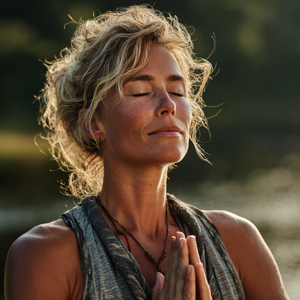 Healthy woman in her late 40s doing yoga and meditation outdoors in nature, peaceful expression, balanced lifestyle, wearing comfortable fitness clothes, morning sunlight