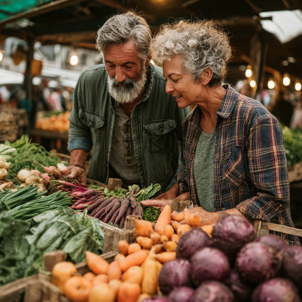 Mature couple in their 50s shopping together at farmers market, selecting fresh organic vegetables and fruits, happy and engaged, healthy lifestyle, natural daylight photography