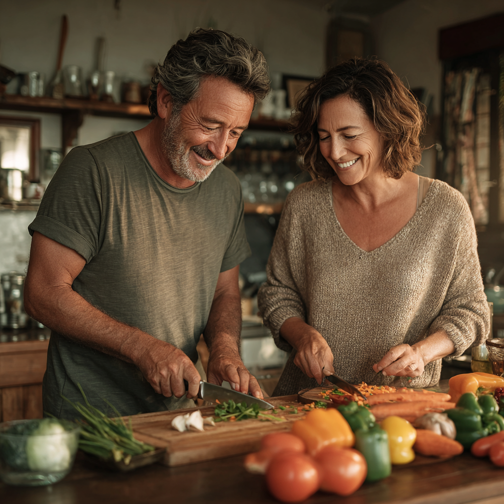 Middle-aged man and woman in their 50s preparing healthy meal together in modern kitchen, smiling while chopping fresh vegetables on wooden cutting board, natural lighting, lifestyle photography
